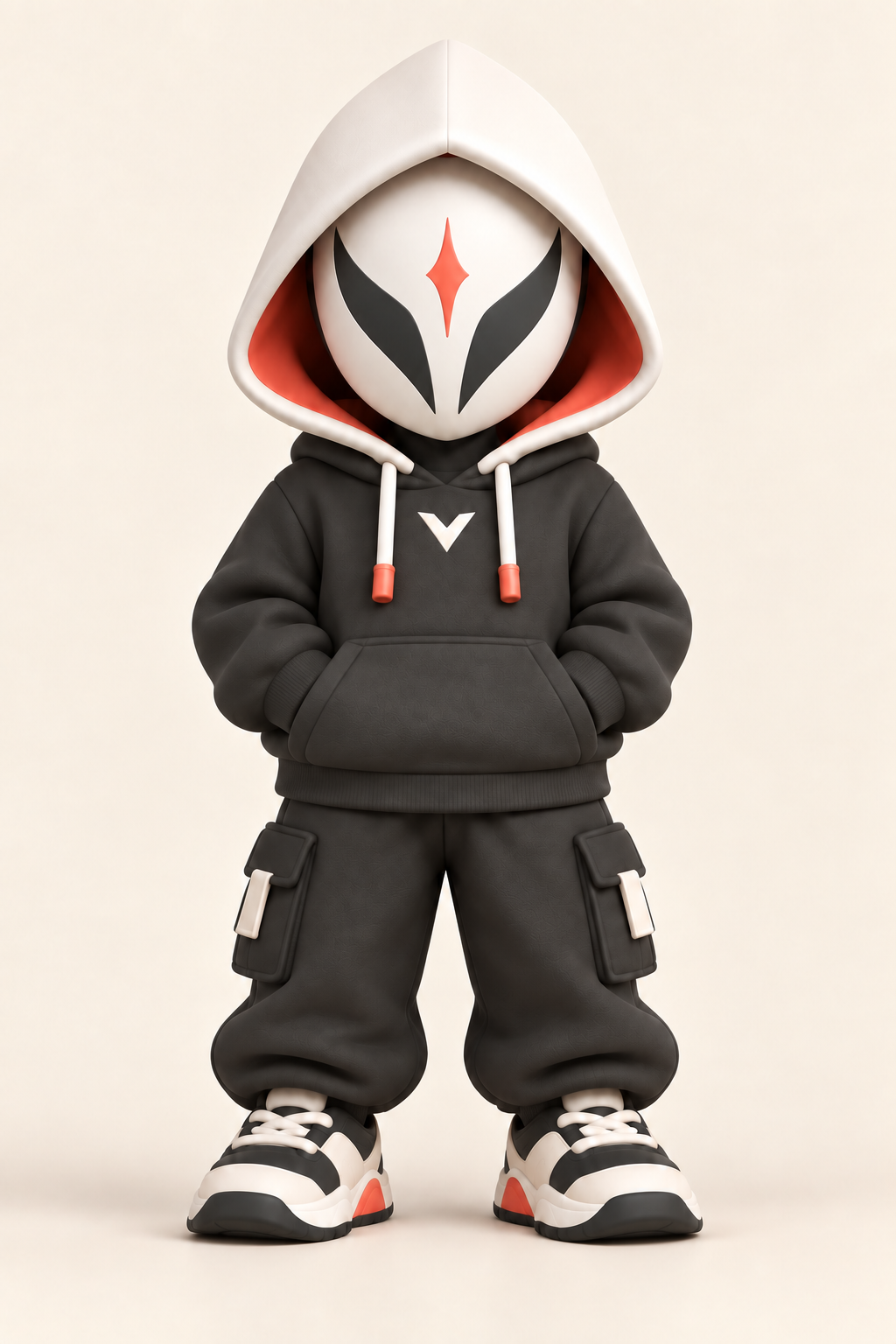 Veilcarve’s masked mascot standing casually with both hands tucked into the hoodie pocket
